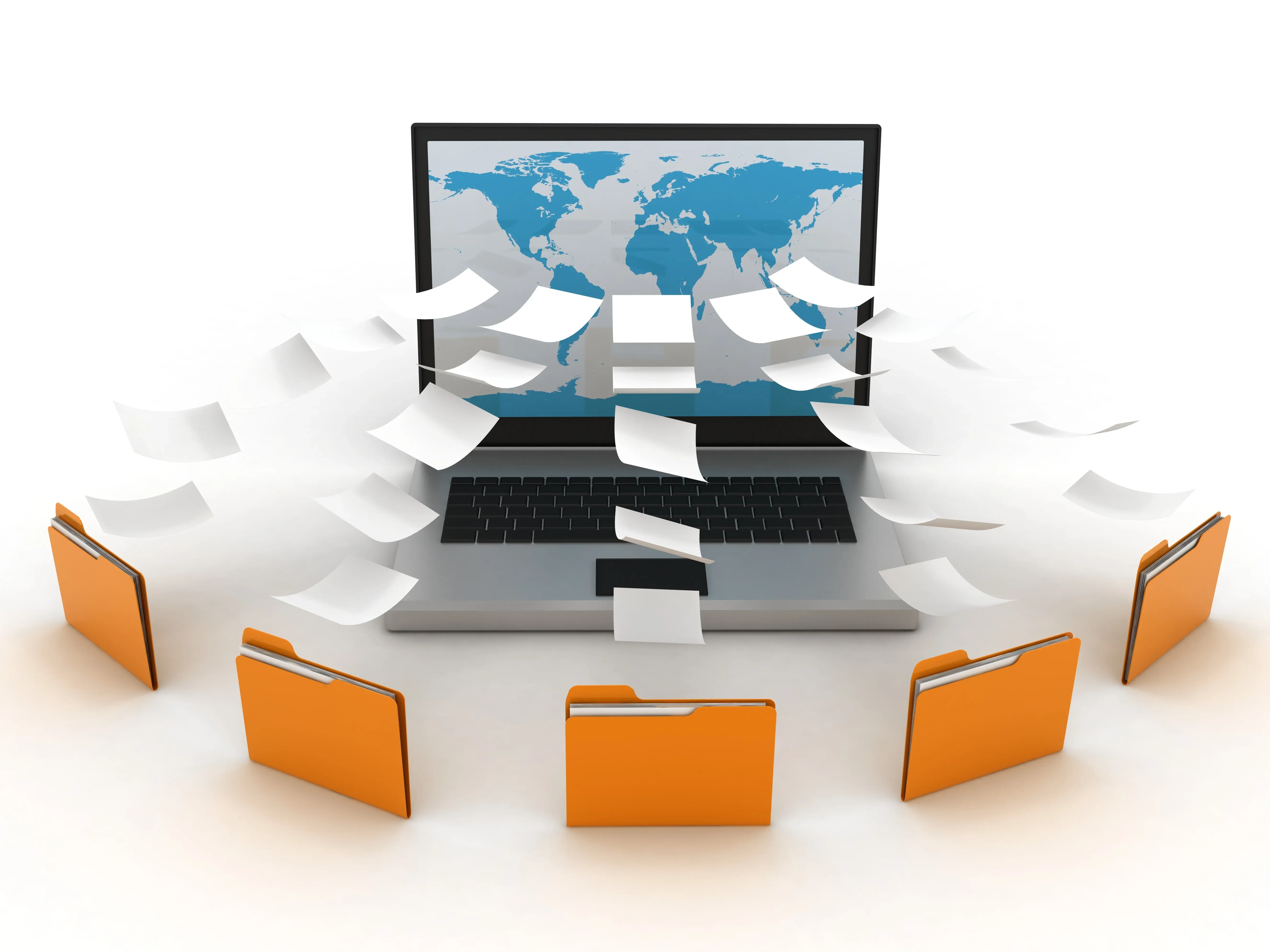 A laptop shows a map of the world with file folders surrounding it
